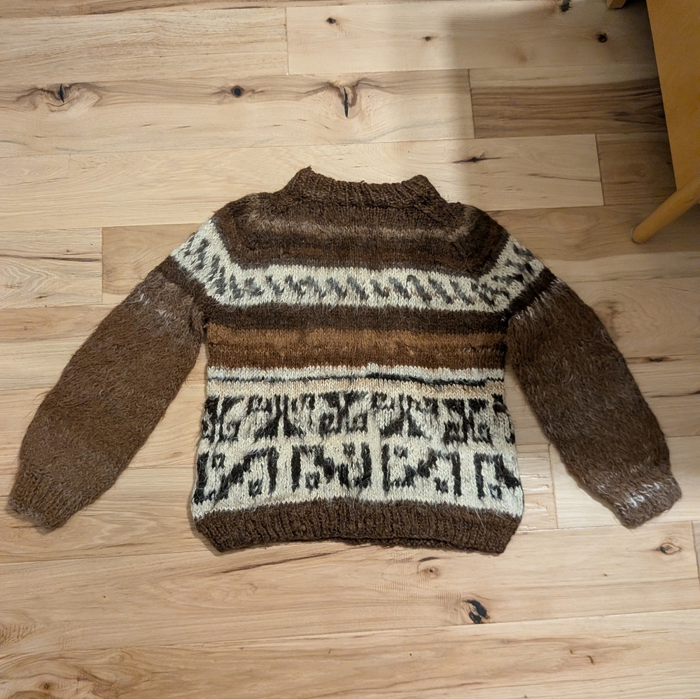 Vintage Brown And White Handmade Alpaca/Llama? Sweater Size Small As Is